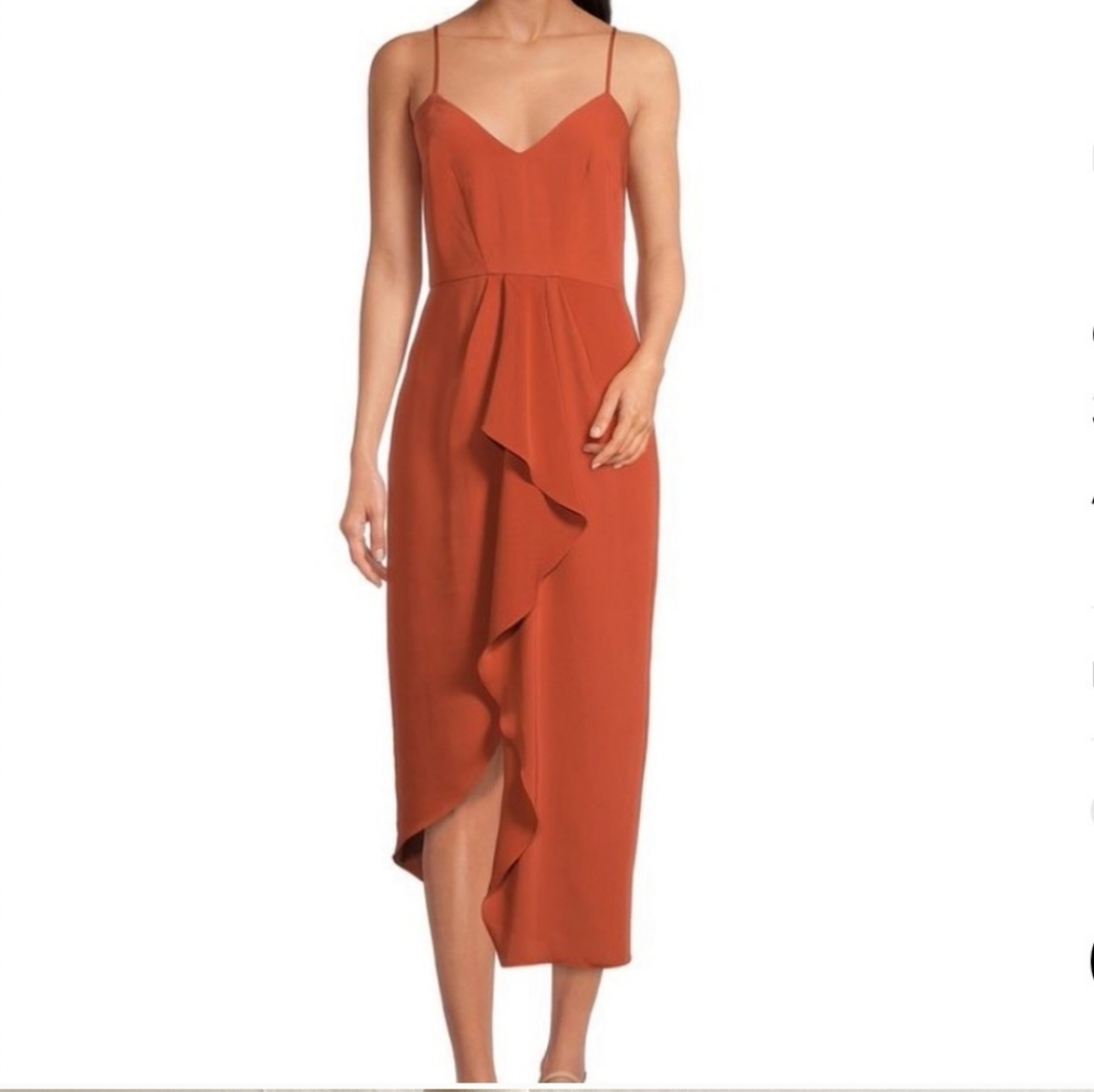 Gianni Bini Rust Asymmetrical Ruffle Midi Dress